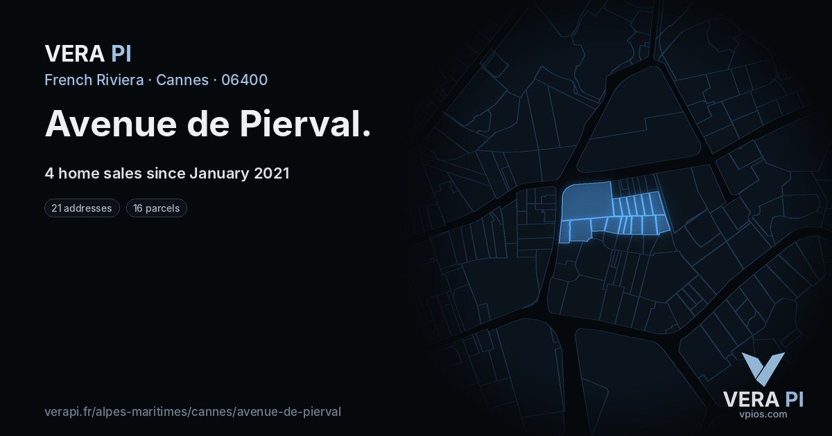 Avenue de Pierval, Cannes at night – every parcel coloured by the prices around it, the street's own parcels lit