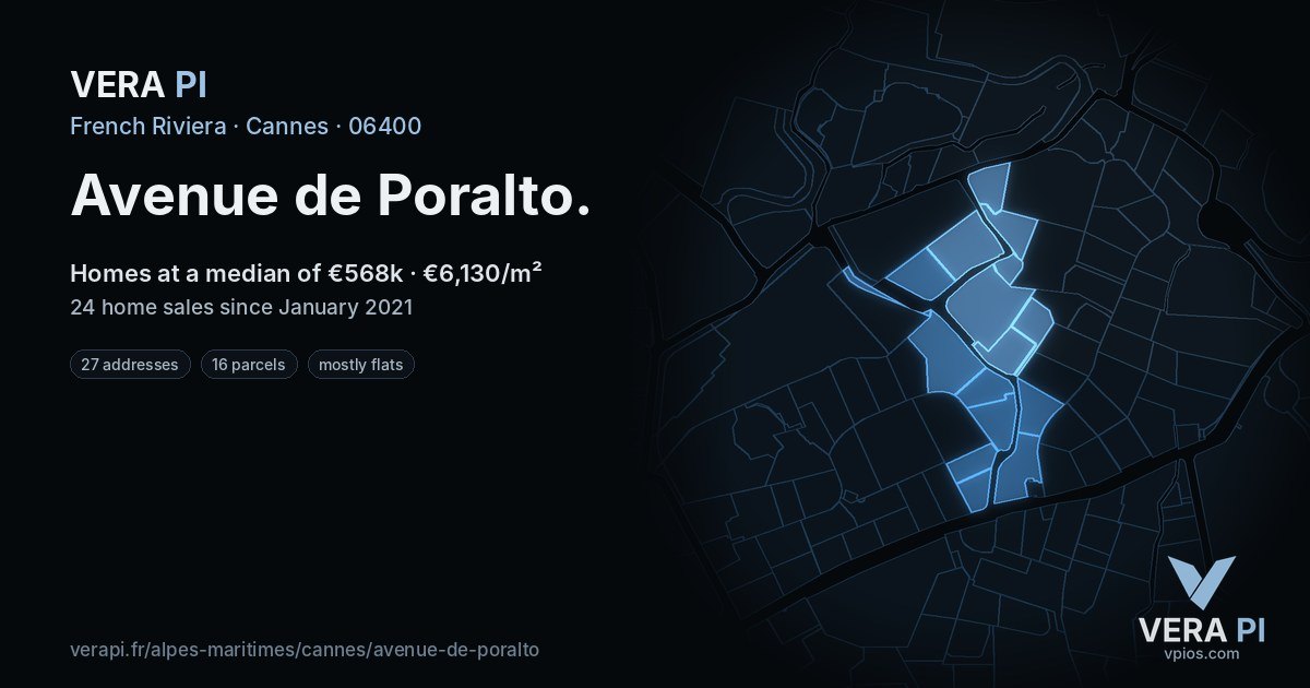 Avenue de Poralto, Cannes at night – every parcel coloured by the prices around it, the street's own parcels lit