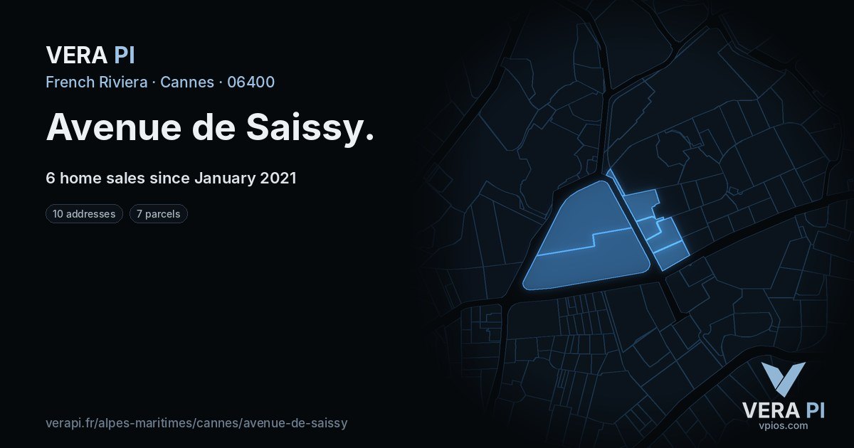 Avenue de Saissy, Cannes at night – every parcel coloured by the prices around it, the street's own parcels lit