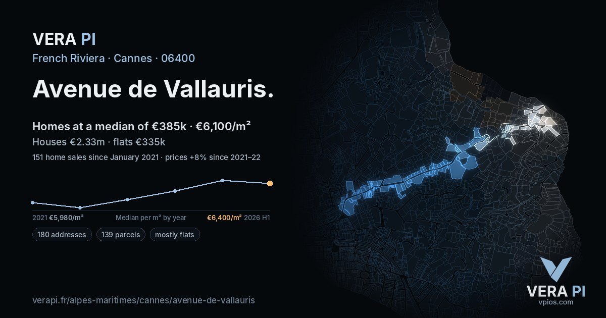 Avenue de Vallauris, Cannes at night – every parcel coloured by the prices around it, the street's own parcels lit