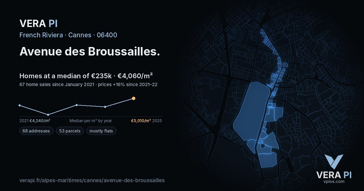 Avenue des Broussailles, Cannes at night – every parcel coloured by the prices around it, the street's own parcels lit