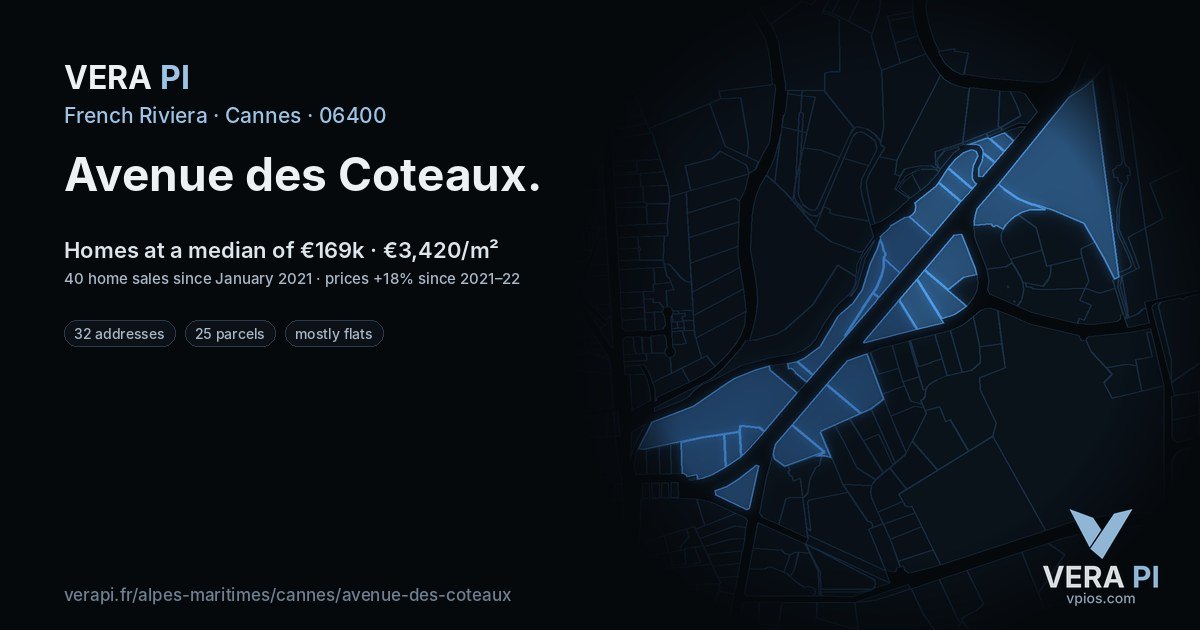 Avenue des Coteaux, Cannes at night – every parcel coloured by the prices around it, the street's own parcels lit