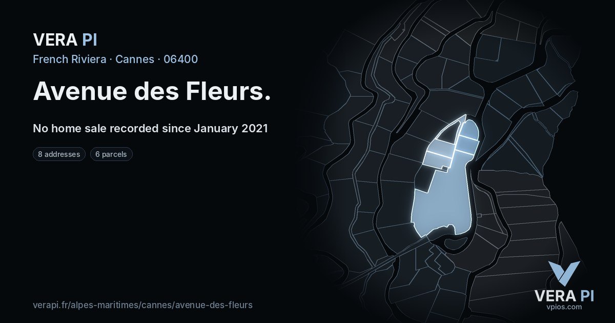 Avenue des Fleurs, Cannes at night – every parcel coloured by the prices around it, the street's own parcels lit