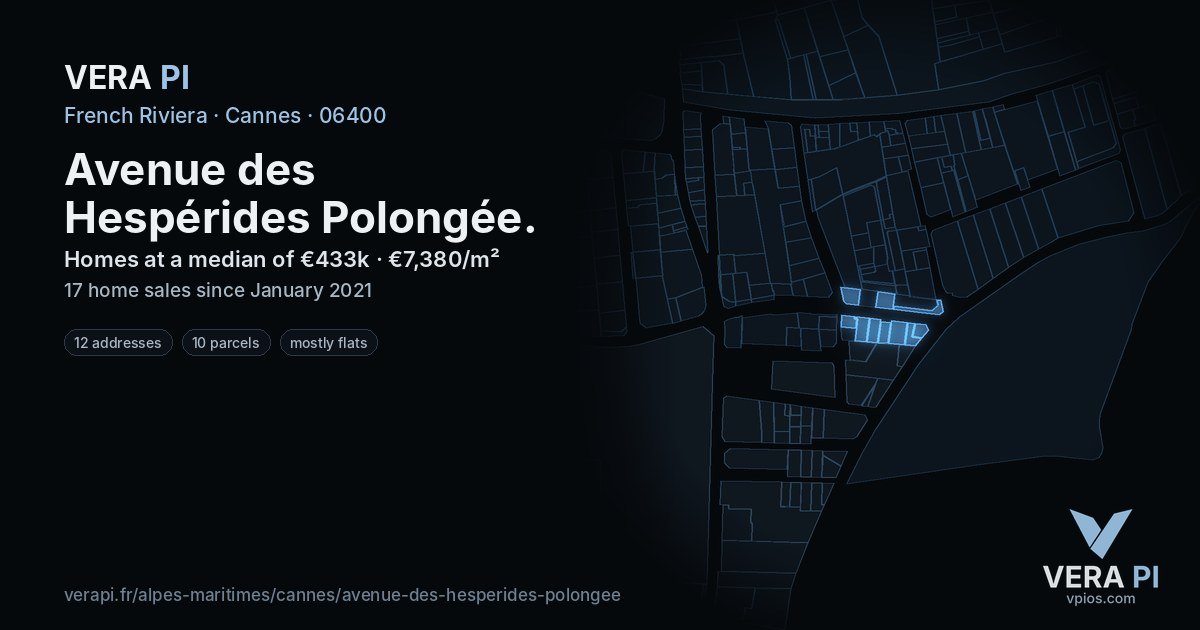 Avenue des Hespérides Polongée, Cannes at night – every parcel coloured by the prices around it, the street's own parcels lit
