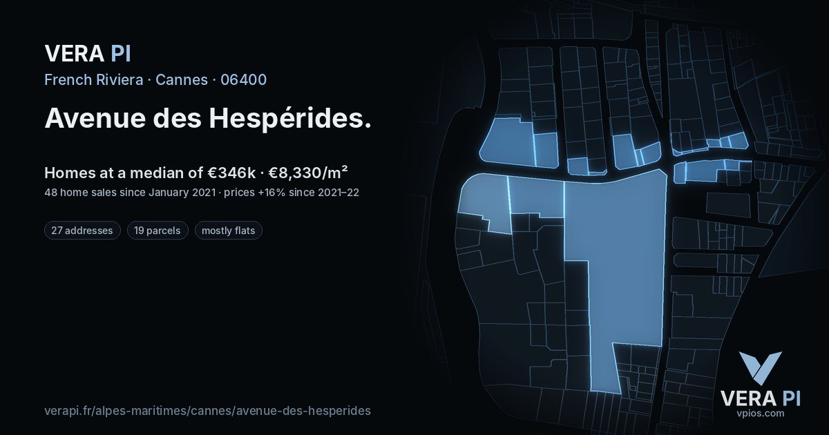 Avenue des Hespérides, Cannes at night – every parcel coloured by the prices around it, the street's own parcels lit