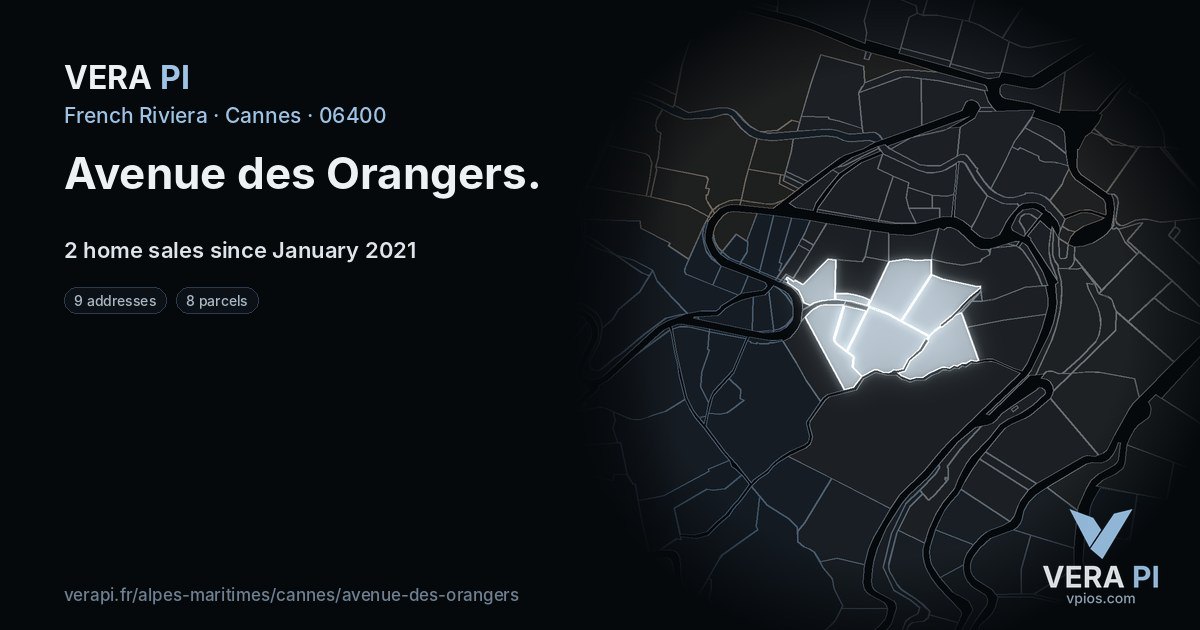 Avenue des Orangers, Cannes at night – every parcel coloured by the prices around it, the street's own parcels lit