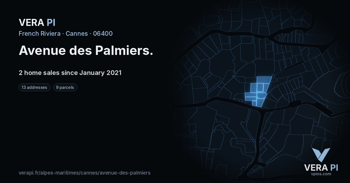 Avenue des Palmiers, Cannes at night – every parcel coloured by the prices around it, the street's own parcels lit