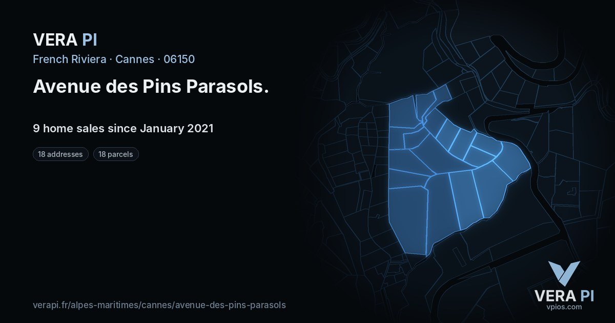 Avenue des Pins Parasols, Cannes at night – every parcel coloured by the prices around it, the street's own parcels lit