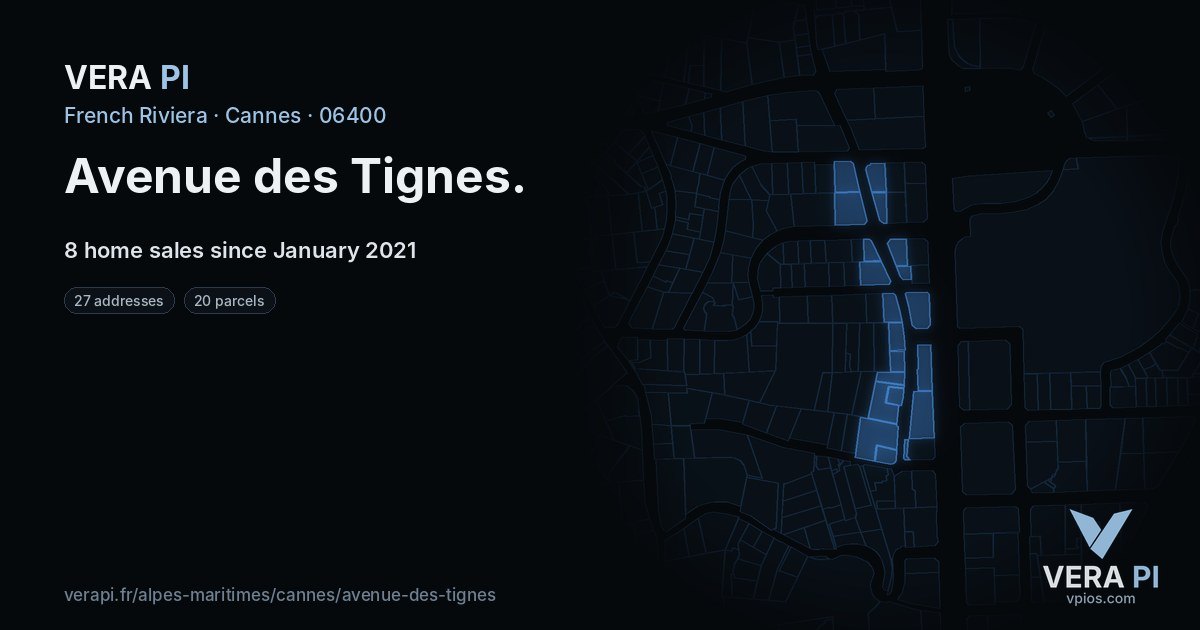 Avenue des Tignes, Cannes at night – every parcel coloured by the prices around it, the street's own parcels lit