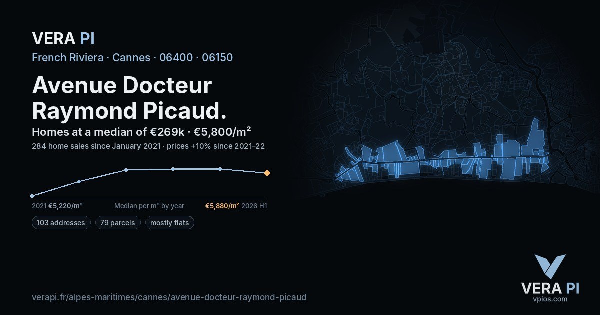 Avenue Docteur Raymond Picaud, Cannes at night – every parcel coloured by the prices around it, the street's own parcels lit