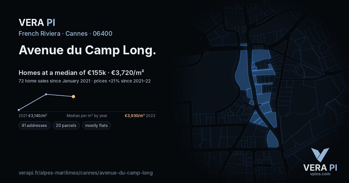 Avenue du Camp Long, Cannes at night – every parcel coloured by the prices around it, the street's own parcels lit