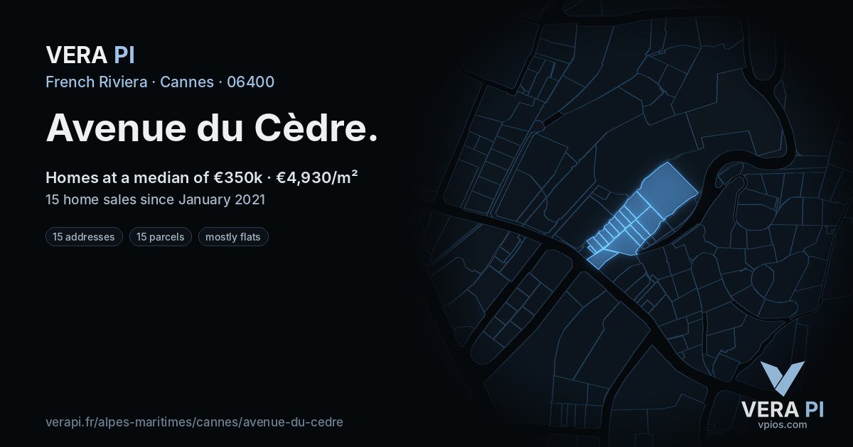 Avenue du Cèdre, Cannes at night – every parcel coloured by the prices around it, the street's own parcels lit