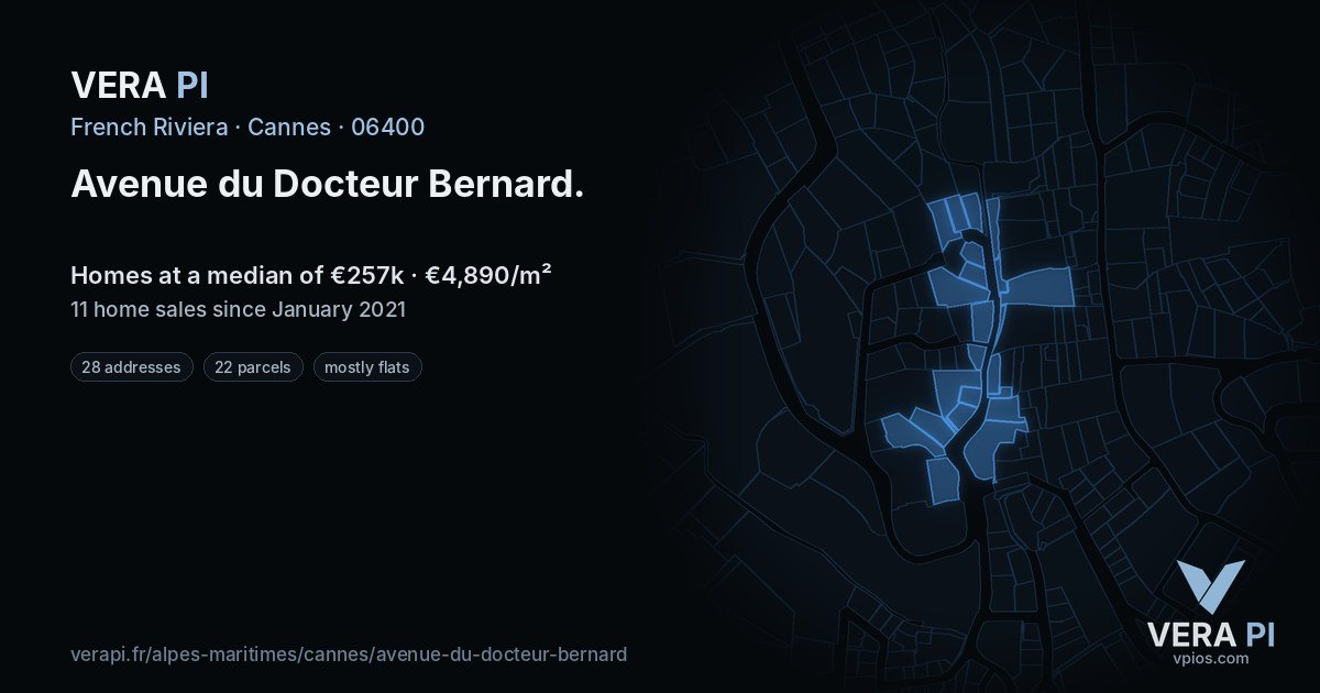 Avenue du Docteur Bernard, Cannes at night – every parcel coloured by the prices around it, the street's own parcels lit