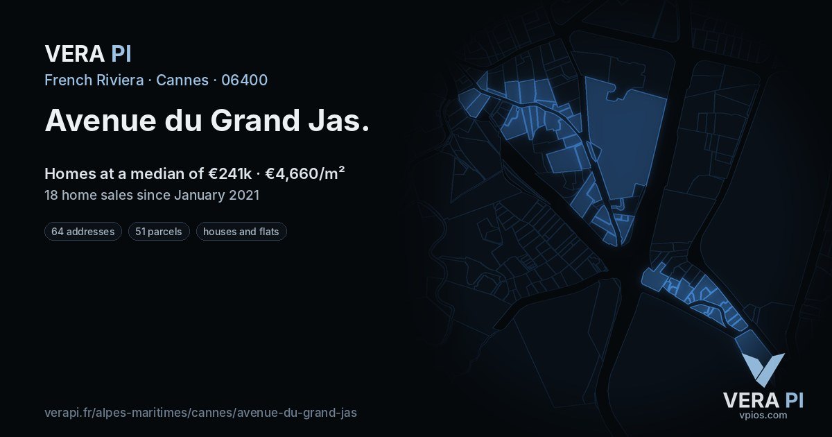 Avenue du Grand Jas, Cannes at night – every parcel coloured by the prices around it, the street's own parcels lit