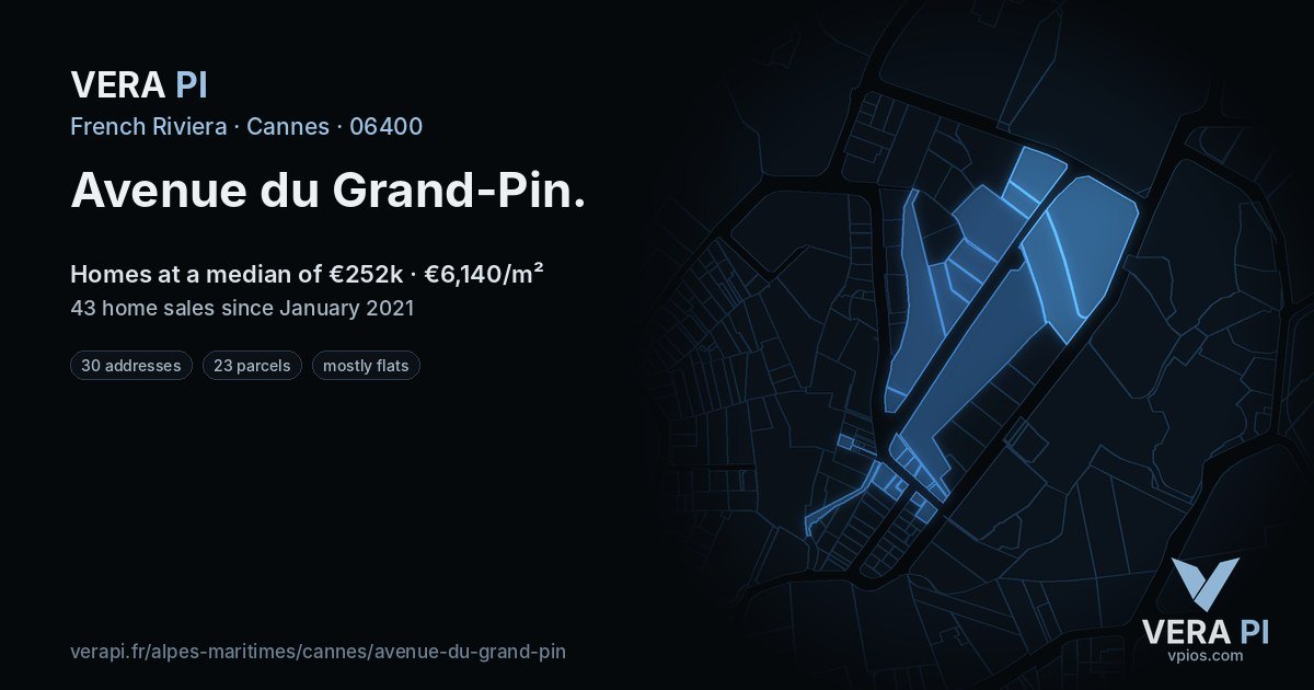 Avenue du Grand-Pin, Cannes at night – every parcel coloured by the prices around it, the street's own parcels lit