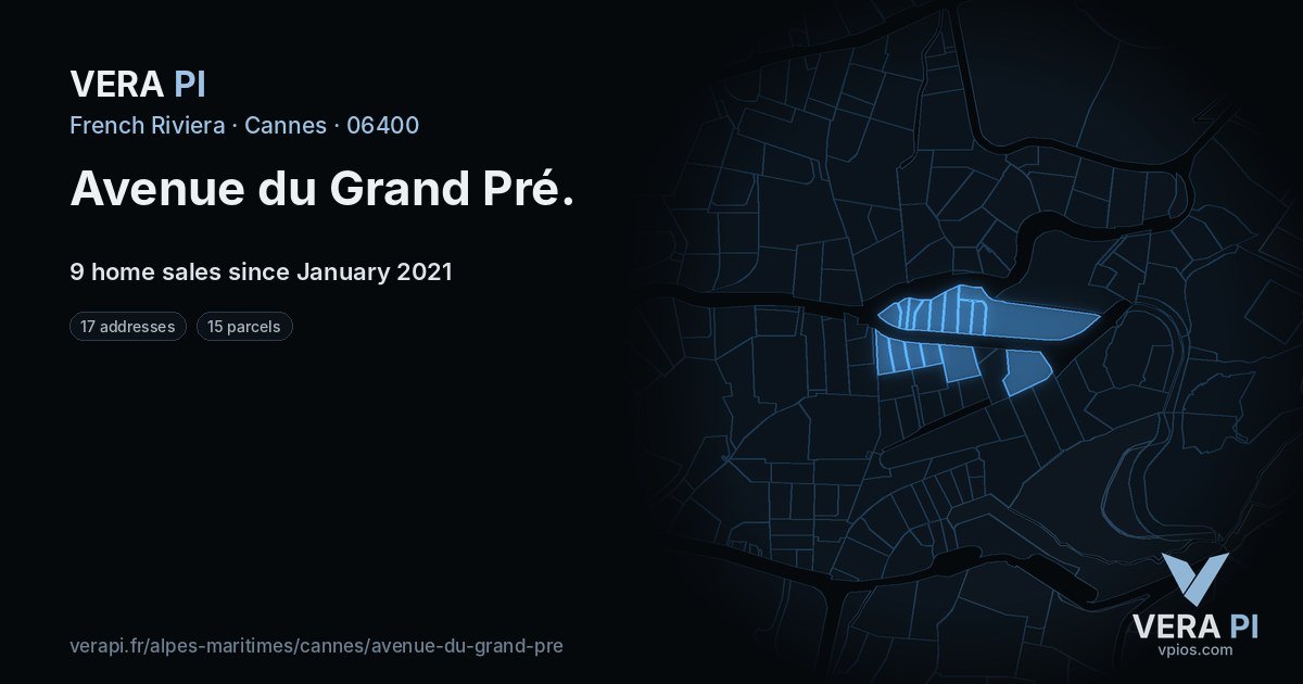 Avenue du Grand Pré, Cannes at night – every parcel coloured by the prices around it, the street's own parcels lit