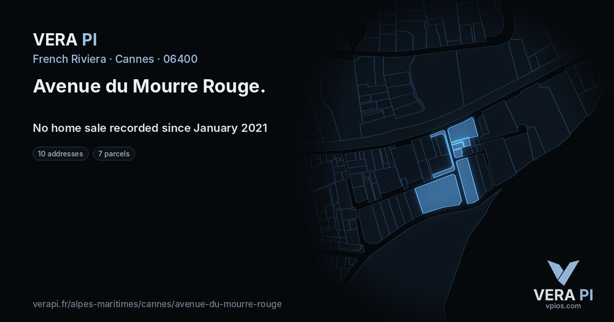 Avenue du Mourre Rouge, Cannes at night – every parcel coloured by the prices around it, the street's own parcels lit