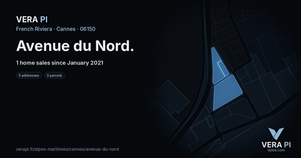 Avenue du Nord, Cannes at night – every parcel coloured by the prices around it, the street's own parcels lit