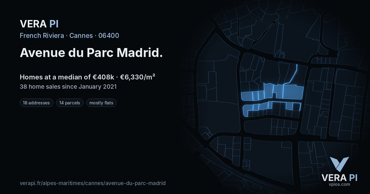 Avenue du Parc Madrid, Cannes at night – every parcel coloured by the prices around it, the street's own parcels lit