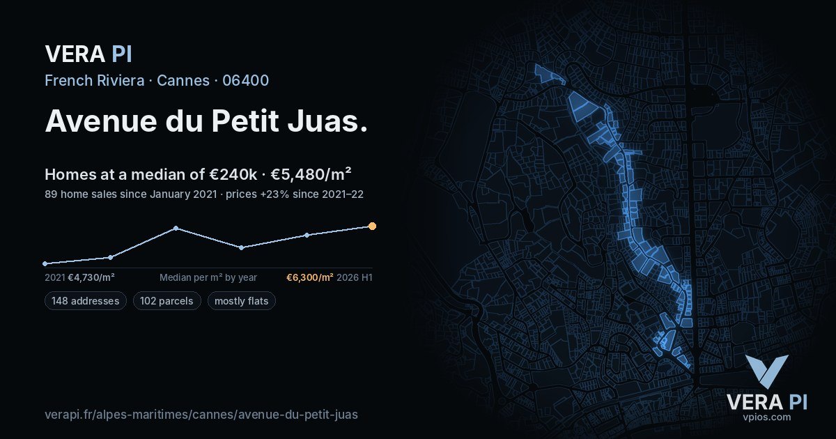 Avenue du Petit Juas, Cannes at night – every parcel coloured by the prices around it, the street's own parcels lit