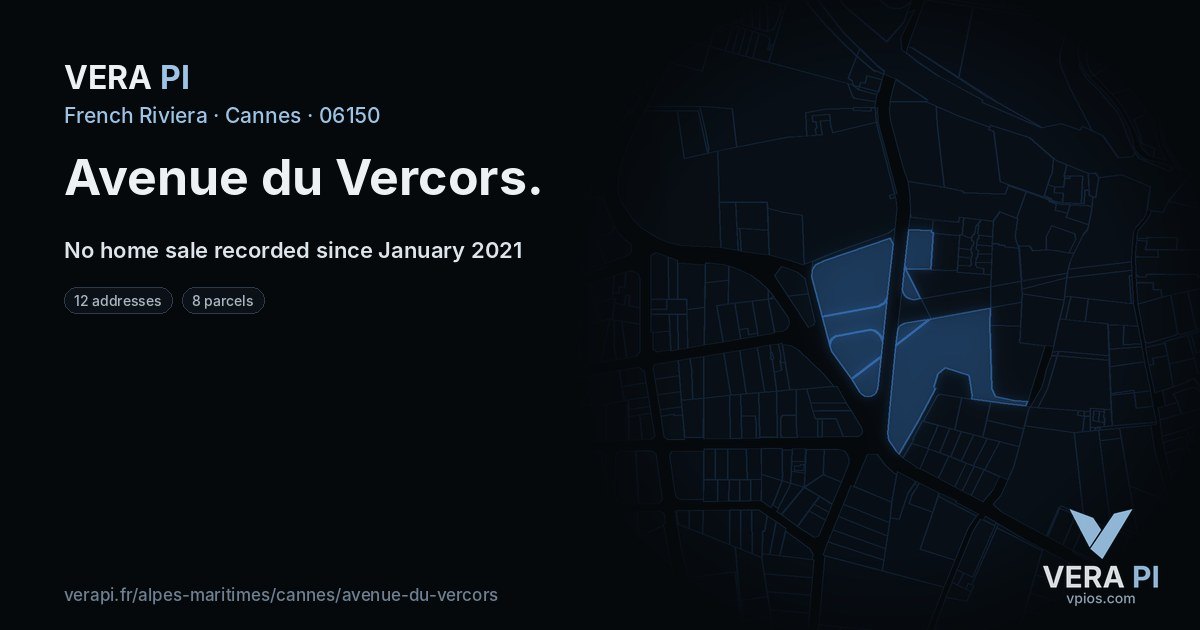 Avenue du Vercors, Cannes at night – every parcel coloured by the prices around it, the street's own parcels lit