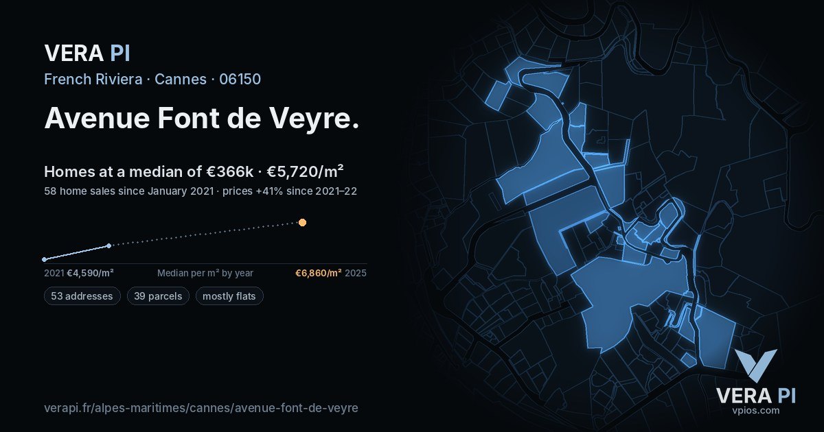 Avenue Font de Veyre, Cannes at night – every parcel coloured by the prices around it, the street's own parcels lit