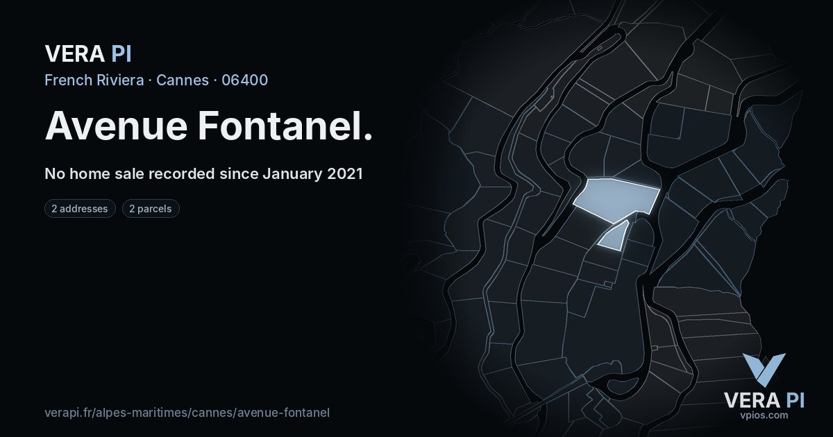 Avenue Fontanel, Cannes at night – every parcel coloured by the prices around it, the street's own parcels lit