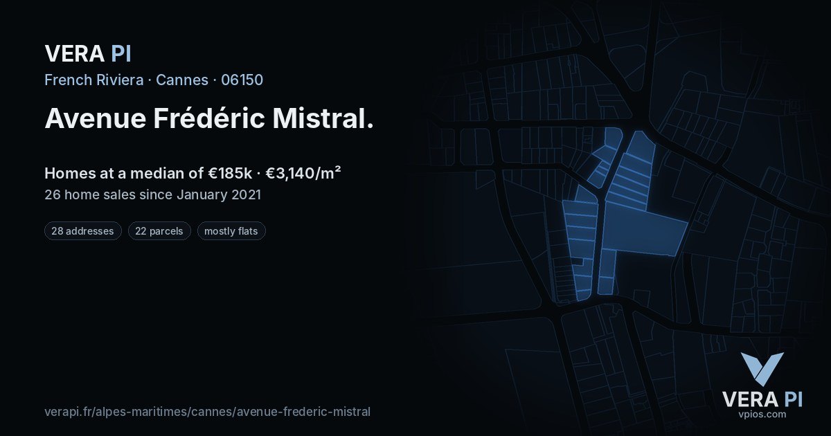 Avenue Frédéric Mistral, Cannes at night – every parcel coloured by the prices around it, the street's own parcels lit