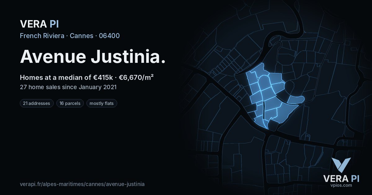 Avenue Justinia, Cannes at night – every parcel coloured by the prices around it, the street's own parcels lit