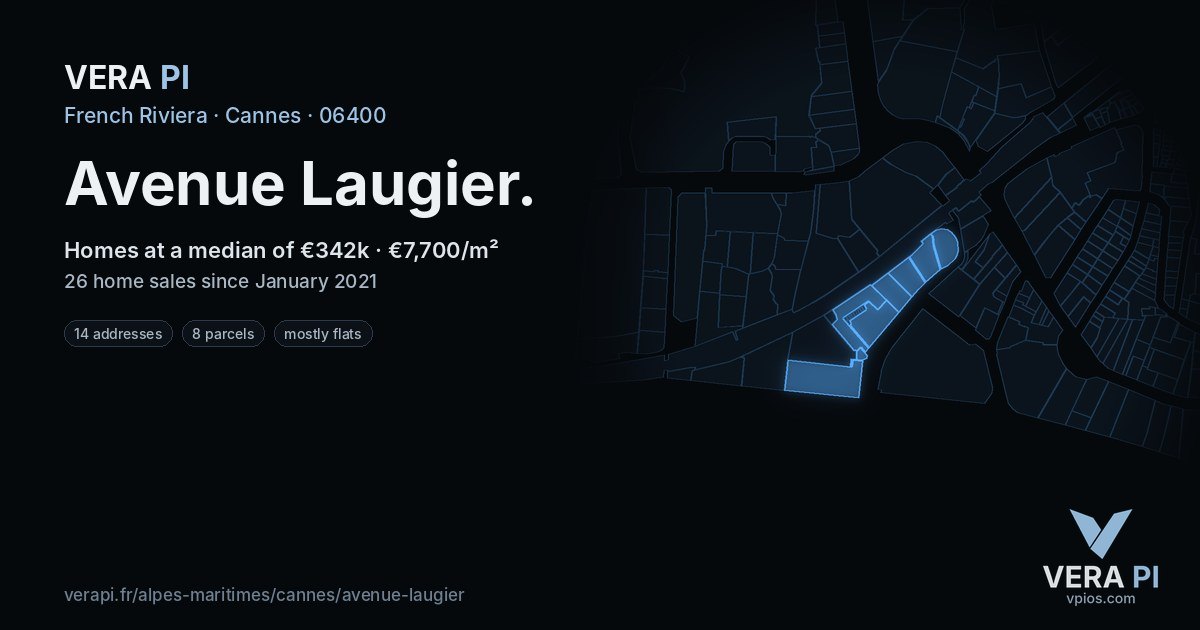 Avenue Laugier, Cannes at night – every parcel coloured by the prices around it, the street's own parcels lit