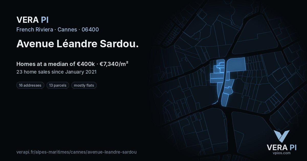 Avenue Léandre Sardou, Cannes at night – every parcel coloured by the prices around it, the street's own parcels lit