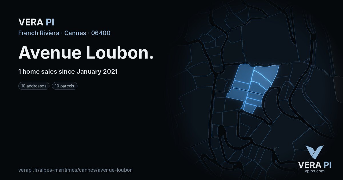 Avenue Loubon, Cannes at night – every parcel coloured by the prices around it, the street's own parcels lit