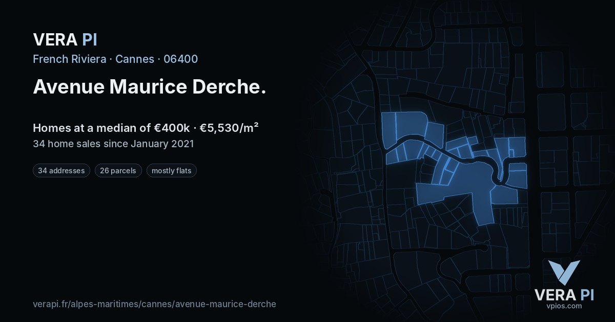 Avenue Maurice Derche, Cannes at night – every parcel coloured by the prices around it, the street's own parcels lit