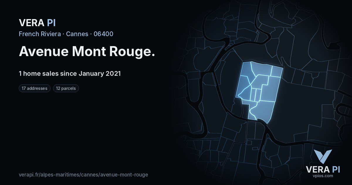 Avenue Mont Rouge, Cannes at night – every parcel coloured by the prices around it, the street's own parcels lit