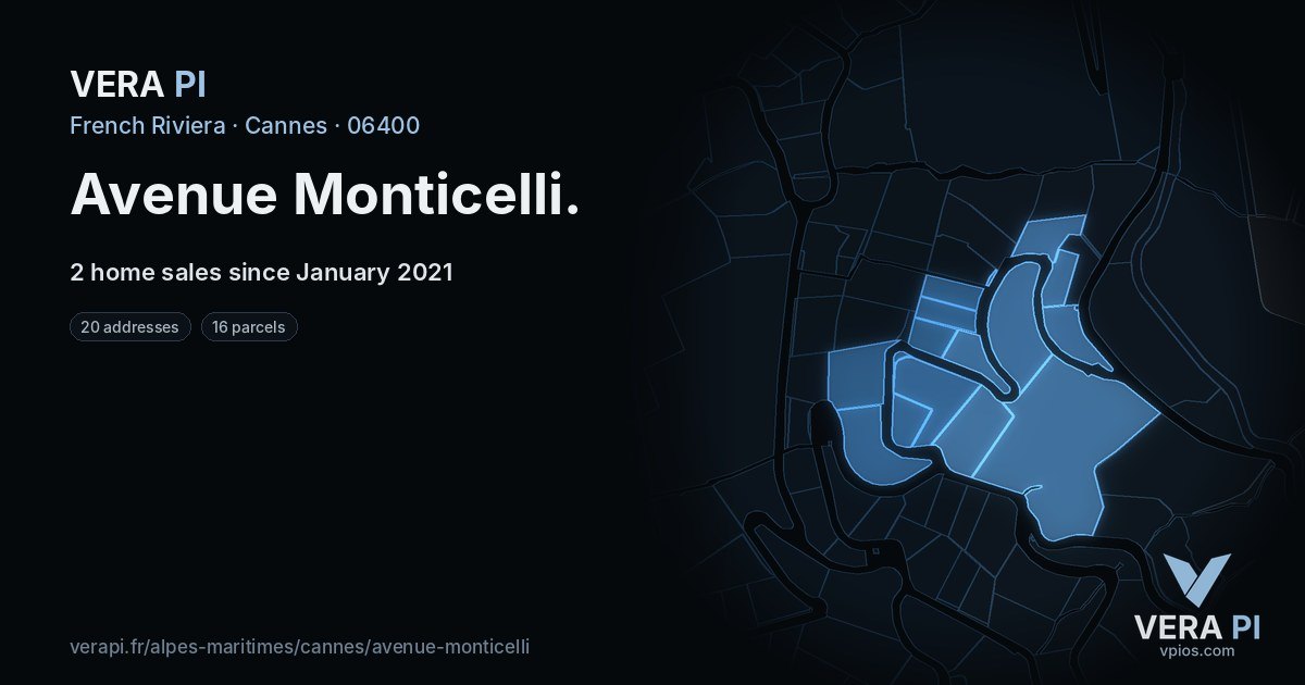 Avenue Monticelli, Cannes at night – every parcel coloured by the prices around it, the street's own parcels lit