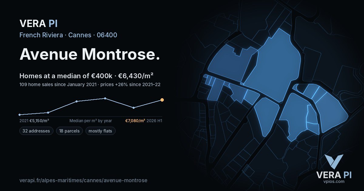 Avenue Montrose, Cannes at night – every parcel coloured by the prices around it, the street's own parcels lit