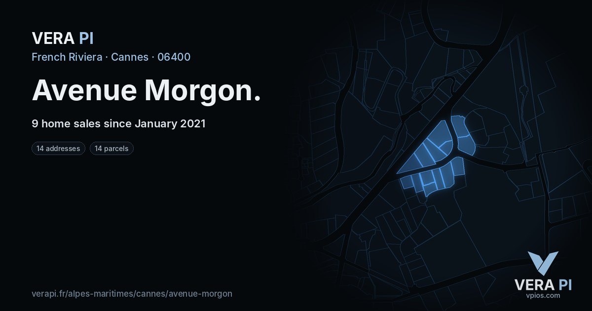 Avenue Morgon, Cannes at night – every parcel coloured by the prices around it, the street's own parcels lit