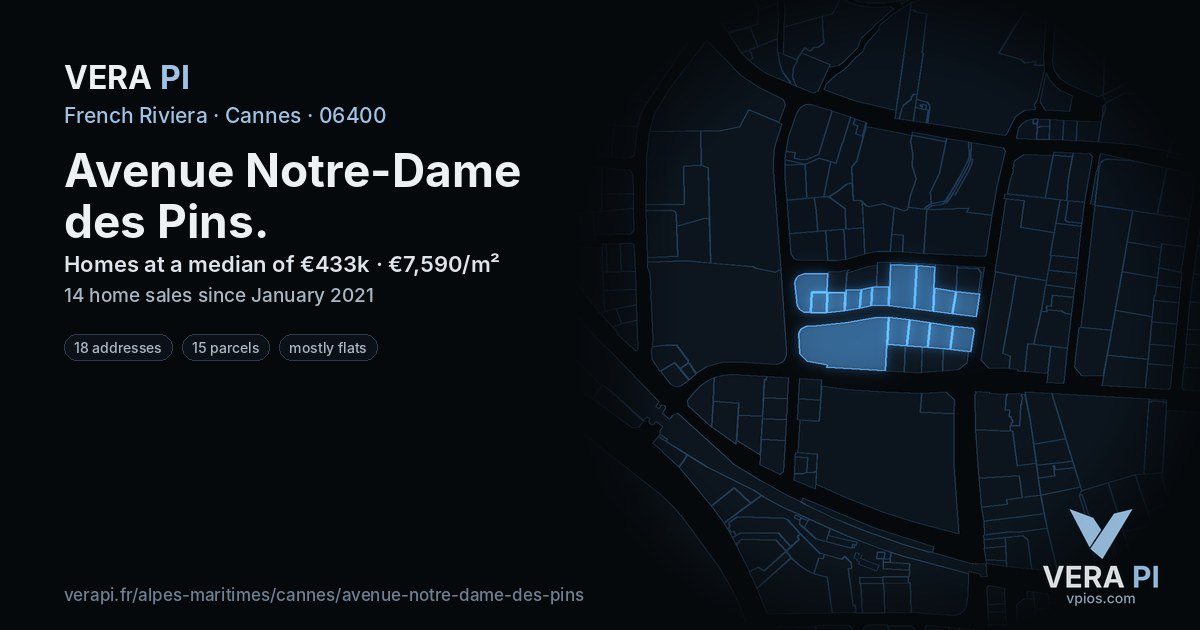 Avenue Notre-Dame des Pins, Cannes at night – every parcel coloured by the prices around it, the street's own parcels lit