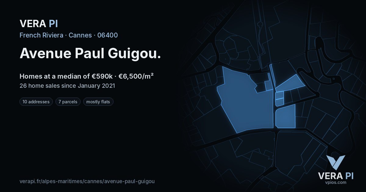 Avenue Paul Guigou, Cannes at night – every parcel coloured by the prices around it, the street's own parcels lit