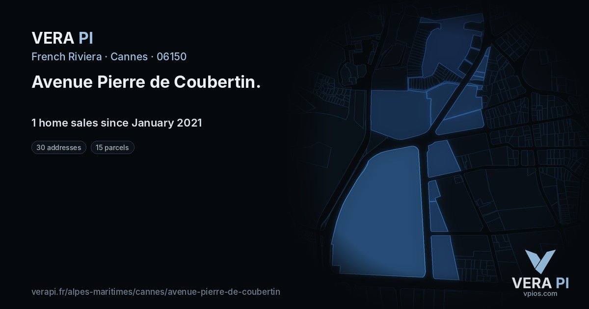 Avenue Pierre de Coubertin, Cannes at night – every parcel coloured by the prices around it, the street's own parcels lit