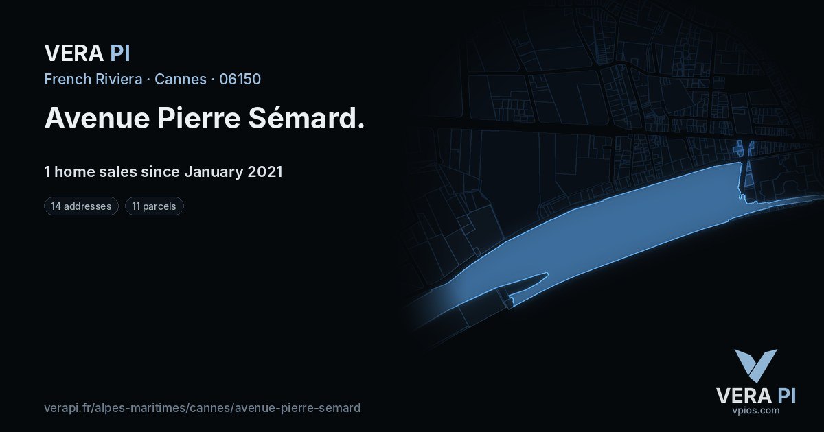 Avenue Pierre Sémard, Cannes at night – every parcel coloured by the prices around it, the street's own parcels lit