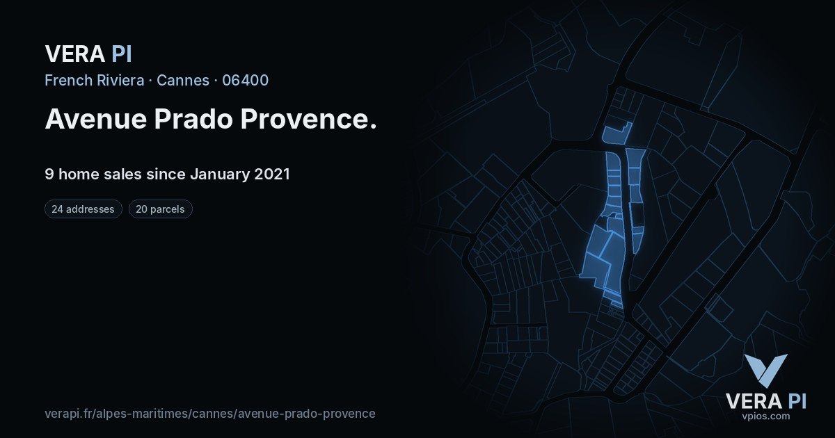 Avenue Prado Provence, Cannes at night – every parcel coloured by the prices around it, the street's own parcels lit
