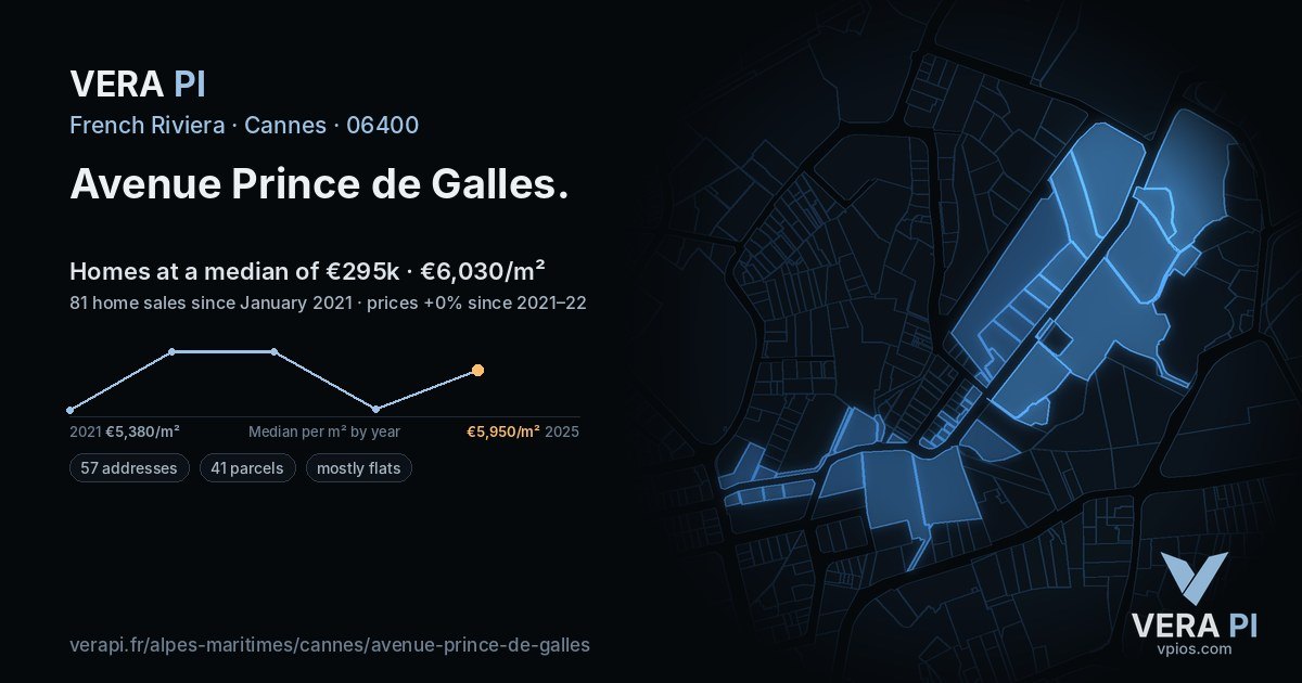 Avenue Prince de Galles, Cannes at night – every parcel coloured by the prices around it, the street's own parcels lit