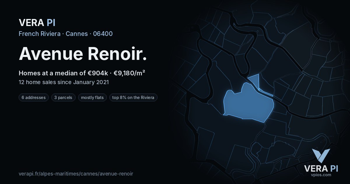 Avenue Renoir, Cannes at night – every parcel coloured by the prices around it, the street's own parcels lit