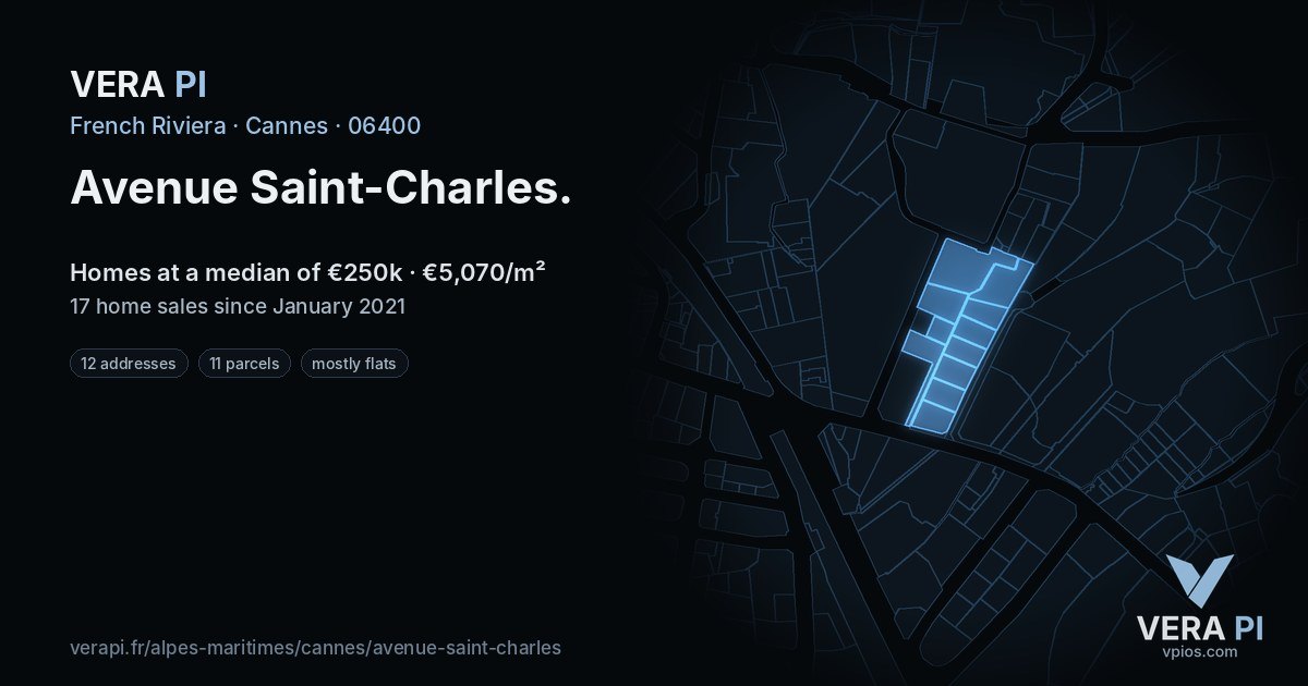 Avenue Saint-Charles, Cannes at night – every parcel coloured by the prices around it, the street's own parcels lit