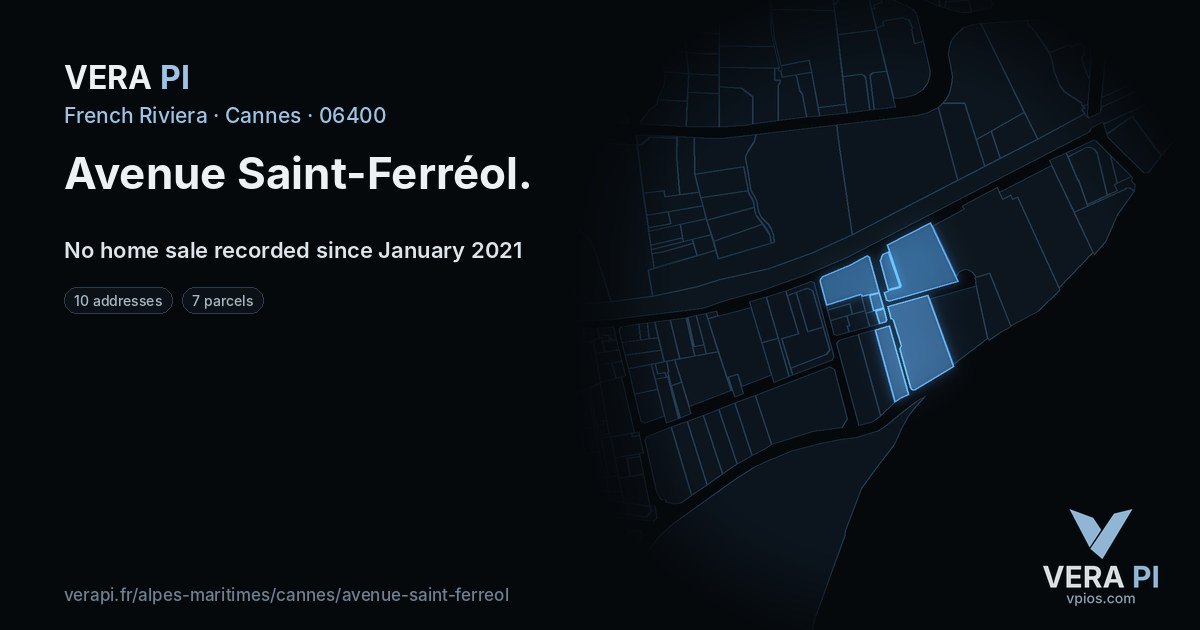 Avenue Saint-Ferréol, Cannes at night – every parcel coloured by the prices around it, the street's own parcels lit