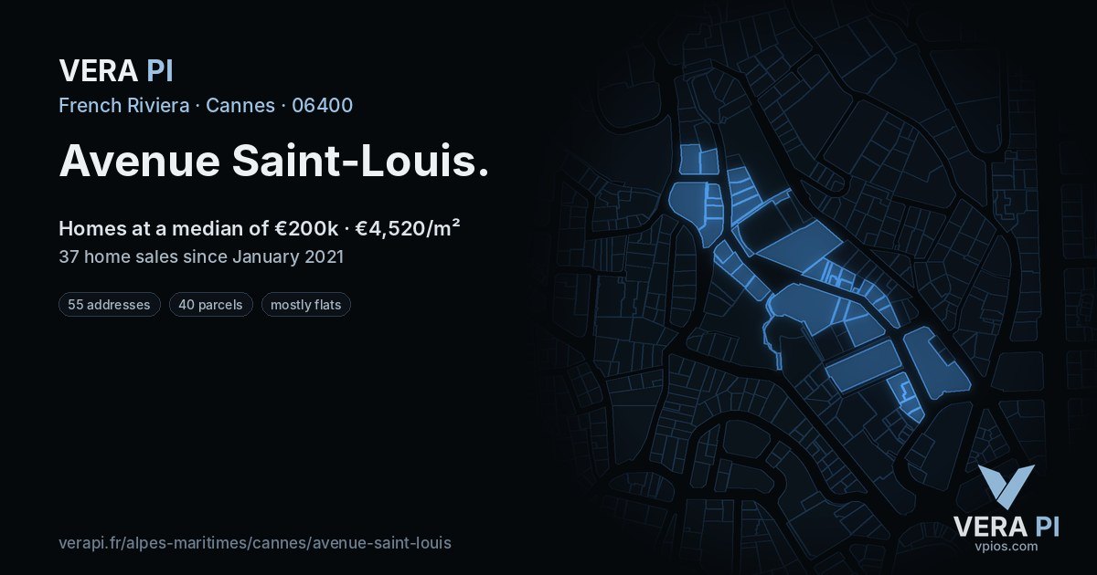 Avenue Saint-Louis, Cannes at night – every parcel coloured by the prices around it, the street's own parcels lit