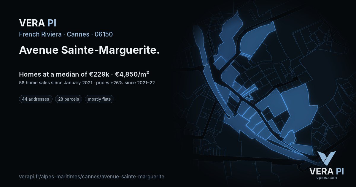 Avenue Sainte-Marguerite, Cannes at night – every parcel coloured by the prices around it, the street's own parcels lit