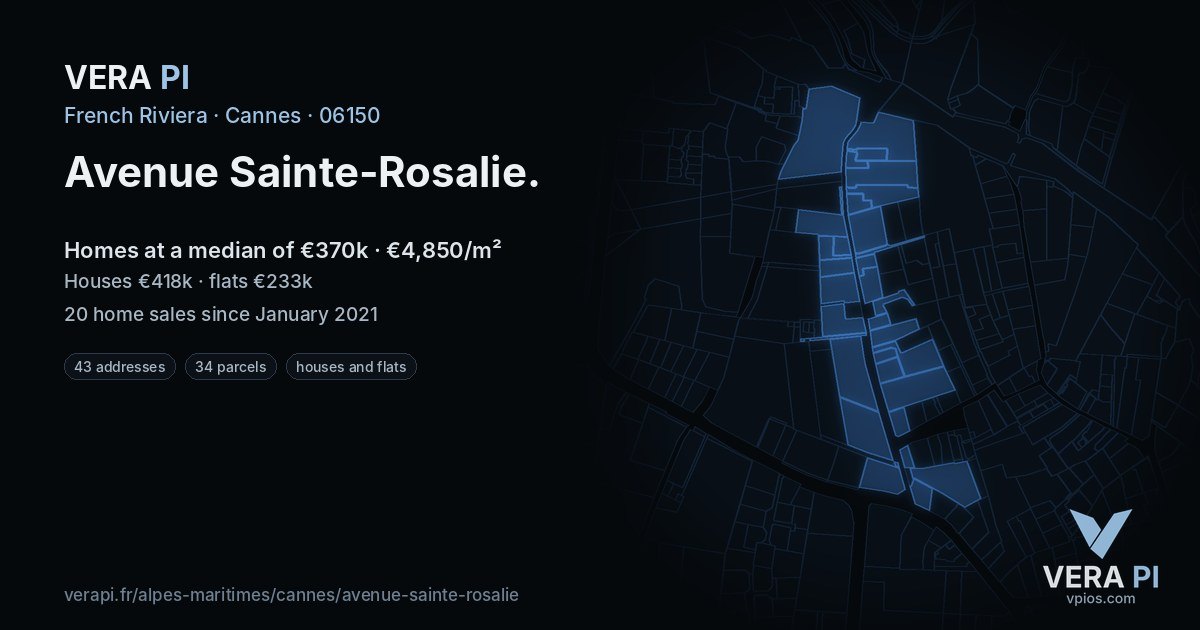 Avenue Sainte-Rosalie, Cannes at night – every parcel coloured by the prices around it, the street's own parcels lit