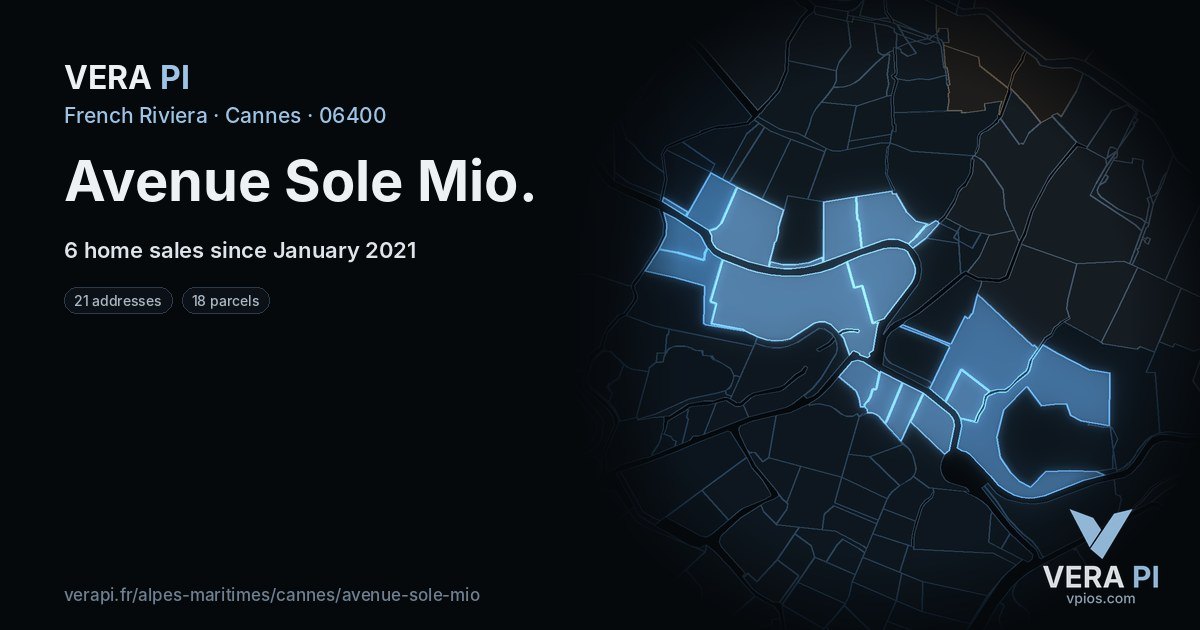 Avenue Sole Mio, Cannes at night – every parcel coloured by the prices around it, the street's own parcels lit